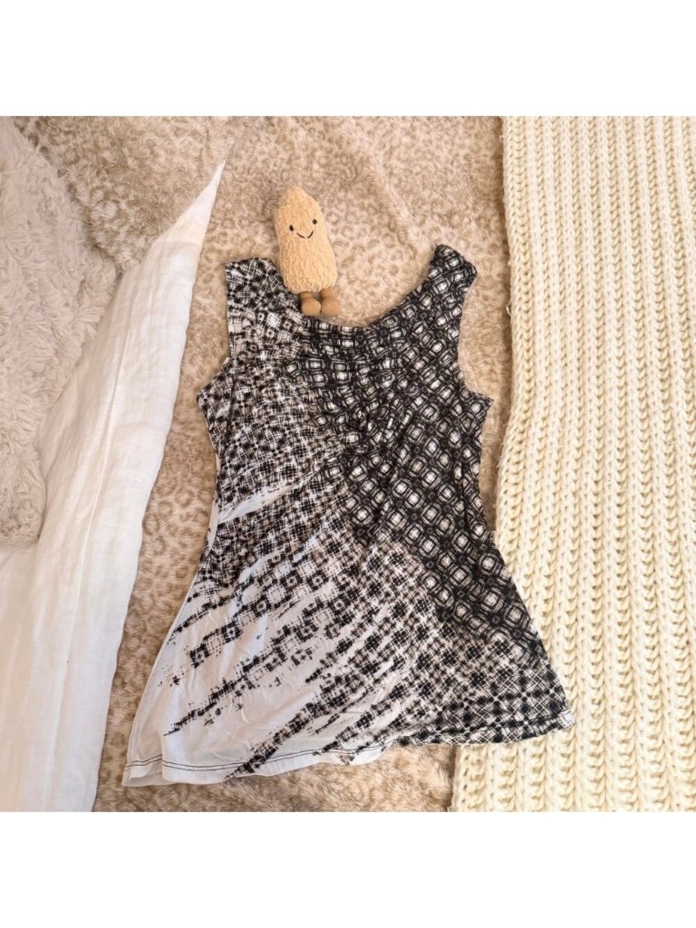 1.9 One Sept Women Black White Geometric Abstract Cowl Neck Asymmetrical Top L